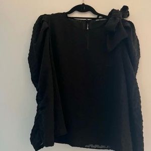 ZARA Sheer Dot Shoulder Bow Blouse Black Blouse Size Large